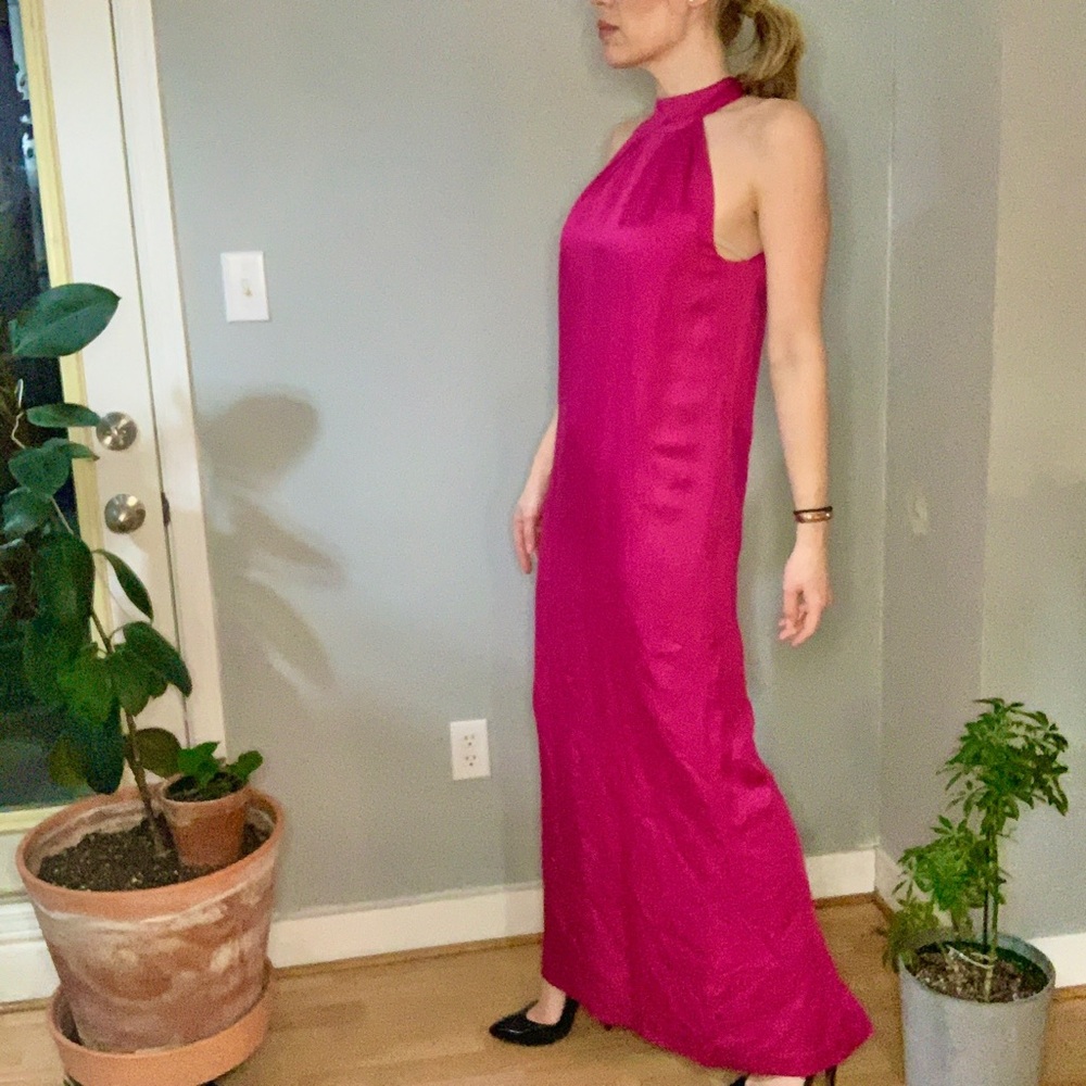 French Connection Halterneck Fuchsia Silk Maxi Dress With Slit